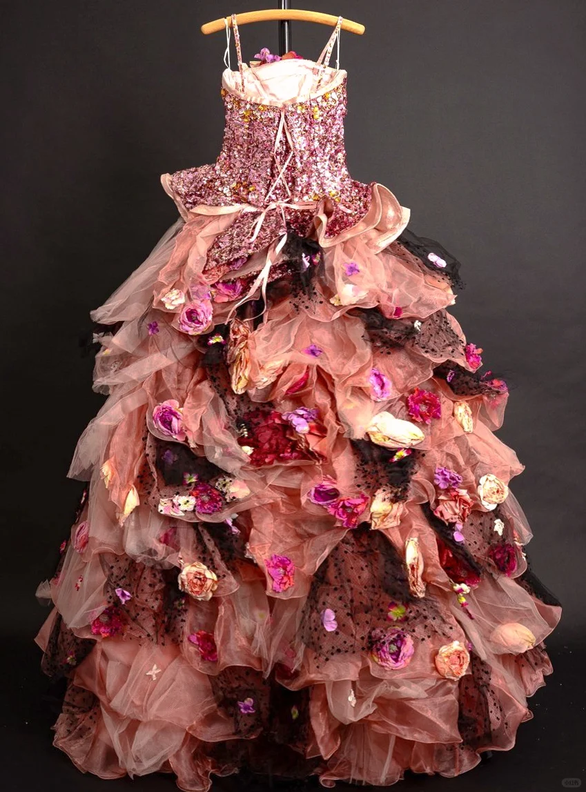 Glamorous Sequin 3D Floral Ruffled Tulle Strapless Prom Dress DP7555