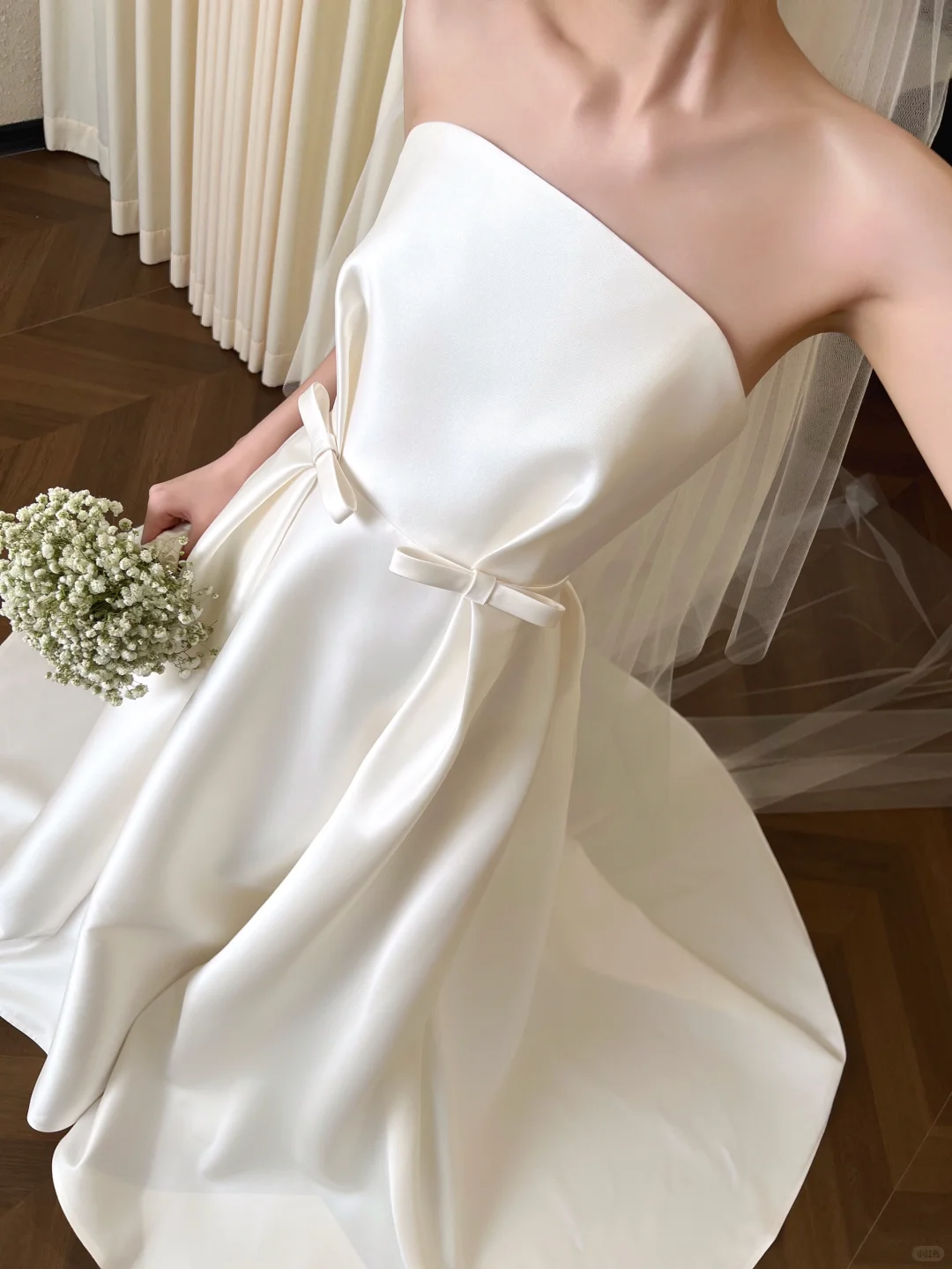 Glamorous Satin A-Line Strapless Wedding Dress with Detachable Tulle Veil DP7123