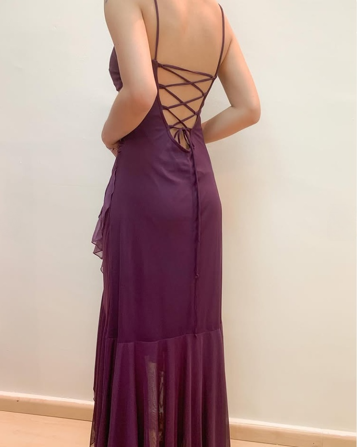 Vintage Purple Midi Gown Spaghetti Strap Layered Ruffled Slit Prom Dre DSProm Vintage Purple Midi Gown Spaghetti Strap Layered Ruffled Slit Prom Dre DSProm