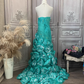 Vintage türkisfarbenes, trägerloses Meerjungfrauen-Abendkleid mit 3D-Rosen-Rüschenschleppe, formelles Ballkleid DP7592