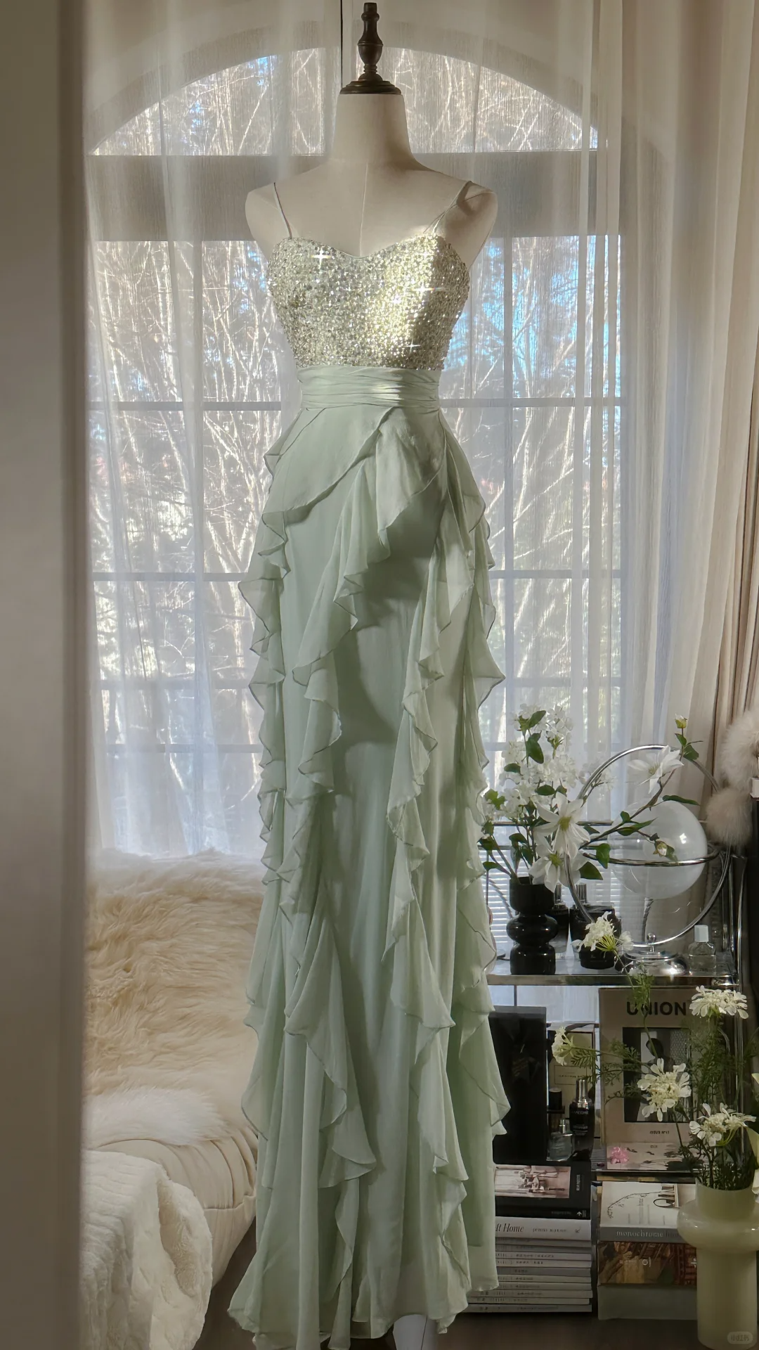 Vintage Light Green Shiny Spaghetti Strap Design Romantic Chiffon Even   DSProm