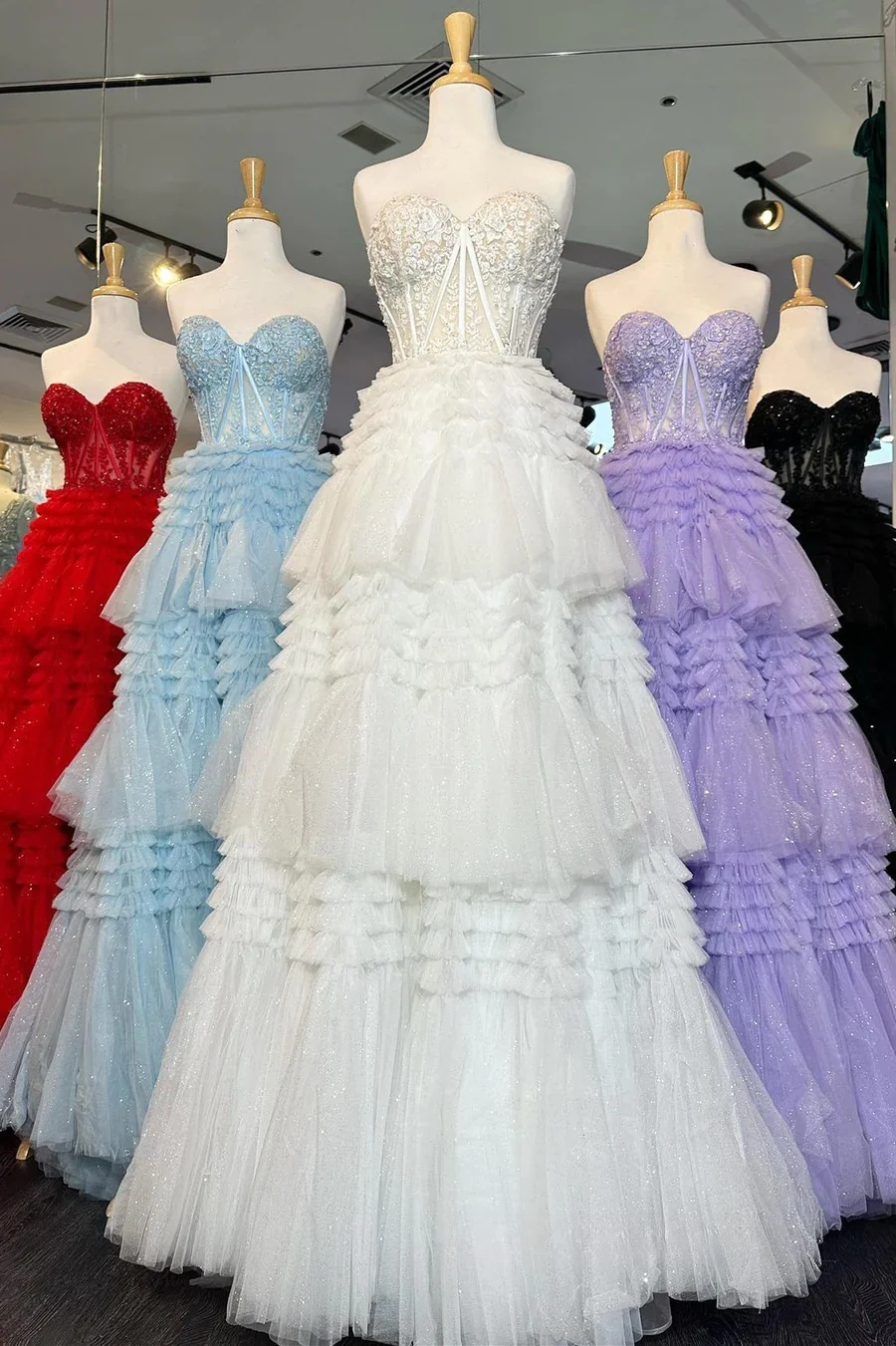 Green A-Line Sweetheart Tulle Tiered Long Prom Dress with Appliques, DP1374