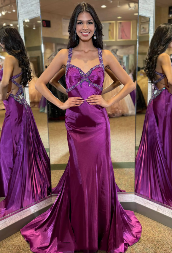 Luxury Purple Beaded Satin Evening Gown Open Back Mermaid Prom Dress DP8007