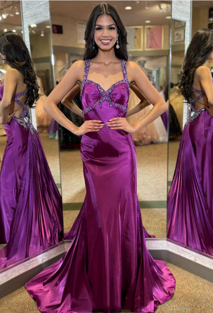 Luxury Purple Beaded Satin Evening Gown Open Back Mermaid Prom Dress DP8007