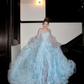 Wunderschönes glänzendes hellblaues trägerloses A-Linien-Tüll-Brautkleid, Ballkleid, Abendkleid DP6248
