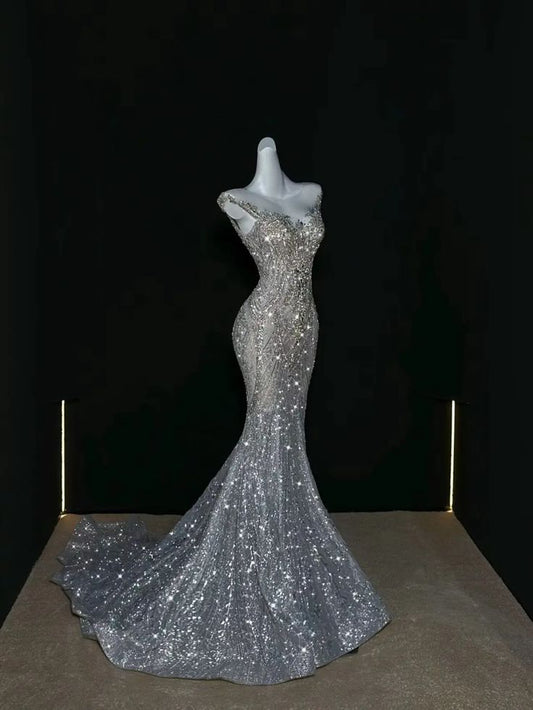 Vintage Silvery Glittering Sequin Prom Dress Mermaid Evening Gown Party Dress Long Formal Dress DP6893