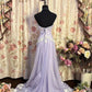 Vintage Lilac Strapless Mermaid Evening Gown Floral Lace Applique Tulle Slit Prom Dress DP7574