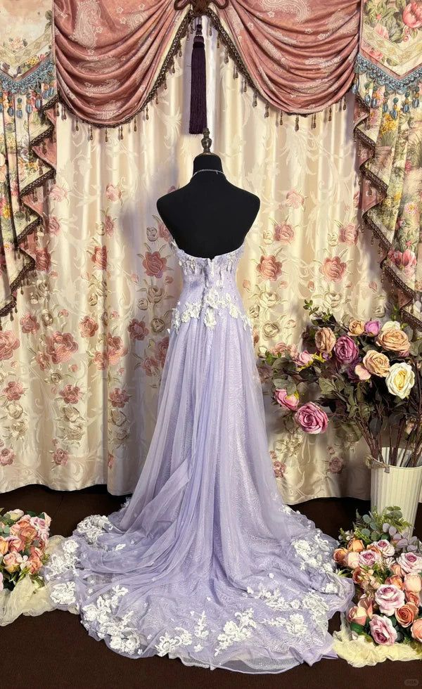Vintage Lilac Strapless Mermaid Evening Gown Floral Lace Applique Tulle Slit Prom Dress DP7574