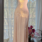 Glamorous Champagne Beaded Mermaid Prom Gown Spaghetti Strap Ruched Evening Dress DP8126