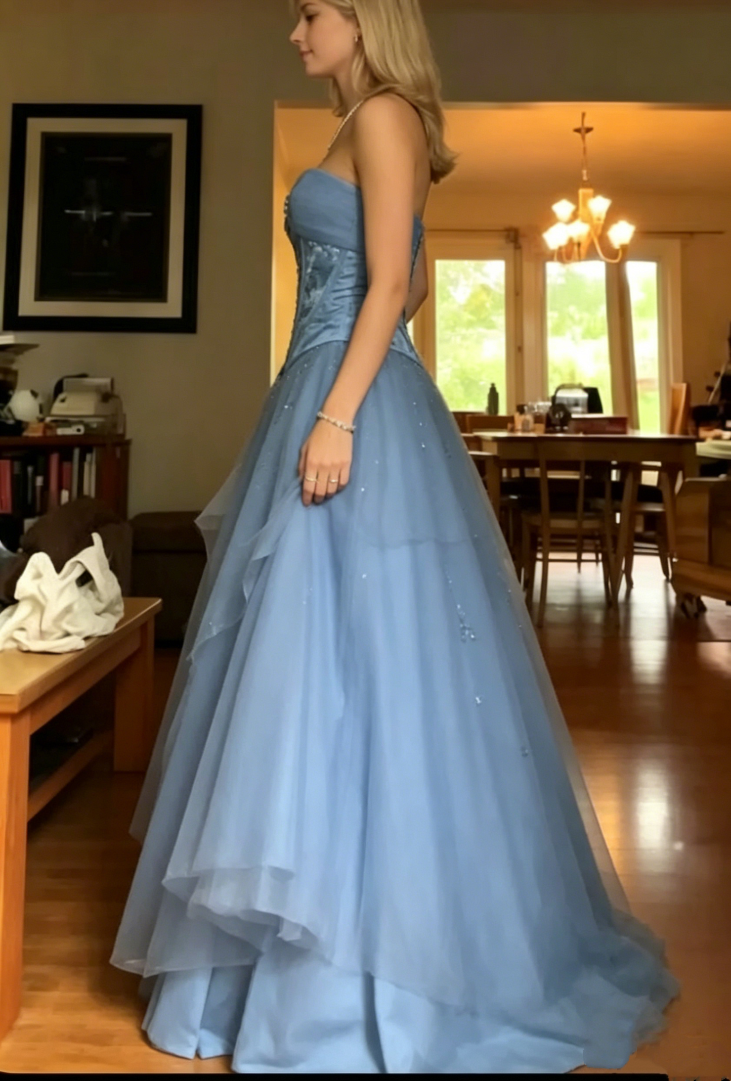 Elegant Dusty Blue Layered Tulle Beaded Strapless Sweetheart A-Line Prom Dress DP8551