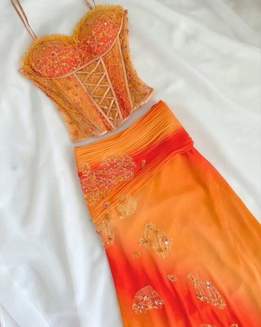 Oranges 2-teiliges Trägerkleid aus Spitze und Chiffon, schickes langes Partykleid, DP4084