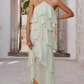 Vintage Halter-Neck Ruffle Tiered Chiffon High Low Maxi Formal Evening Dress DP8234
