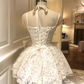 Vintage White Lace Bowknot Design Spaghetti Strap A-Line Homecoming Dress Party Dress Cocktail Dress DP6702