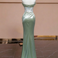 Elegant Sage Green Satin Strapless Mermaid Sequin 3D Floral Evening Gown DP8555