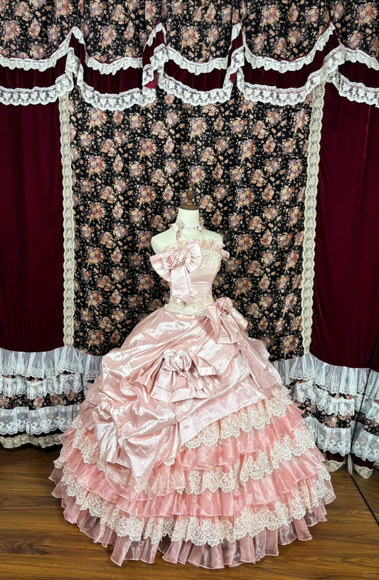 Vintage Pink Lace Satin Quinceanera A-Line Tiered Dress Evening Ball Gown DP6270