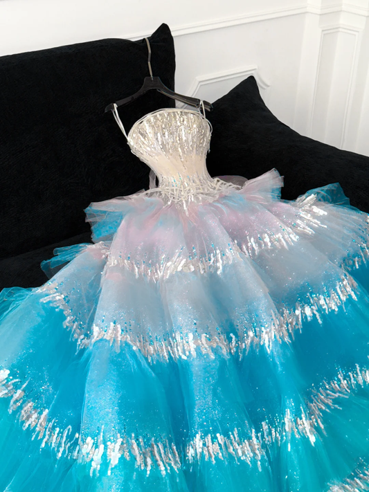 Gorgeous Sparkling Blue Sequin A-Line Elegant Chiffon Evening Dress Prom Dresses Ball Gown DP6167