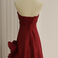Elegant Burgundy Chiffon Ruffled Floral A-Line Strapless Evening Gown DP7211