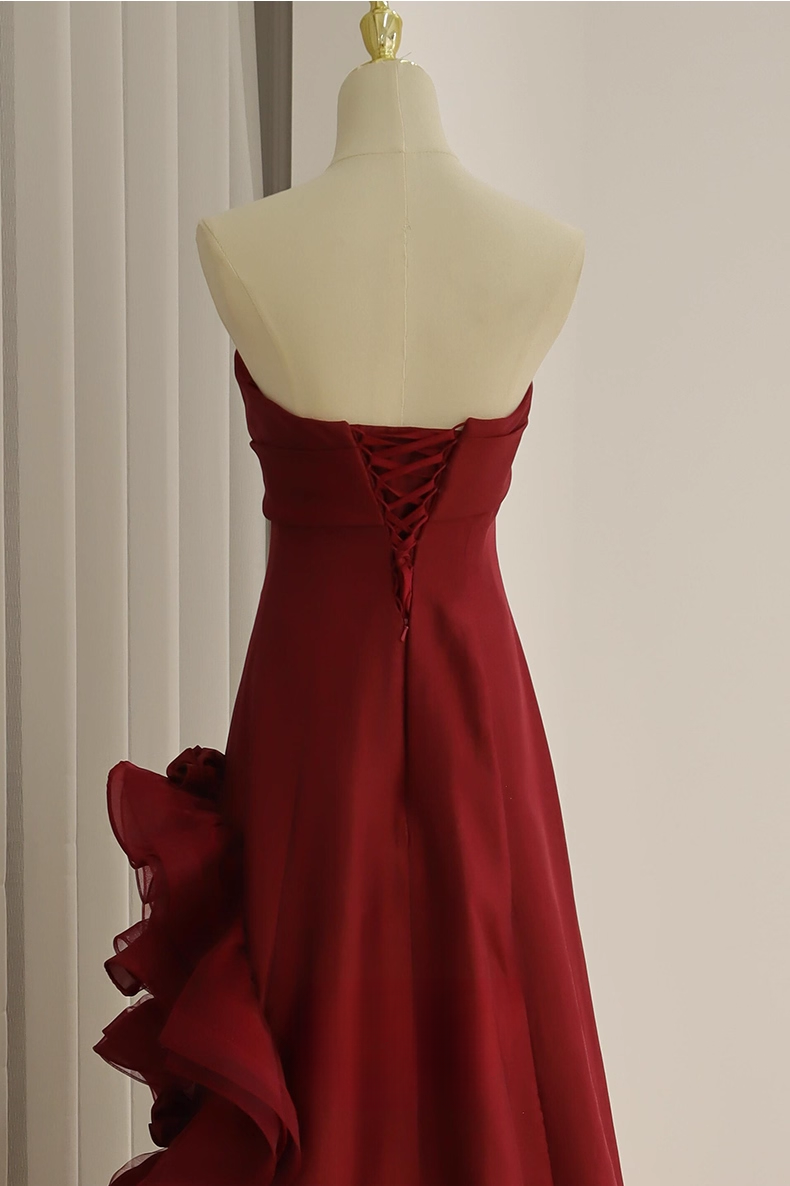 Elegant Burgundy Chiffon Ruffled Floral A-Line Strapless Evening Gown DP7211