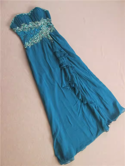 Elegant Teal Strapless Evening Gown Sequin Bodice Chiffon Prom Dress DP7617