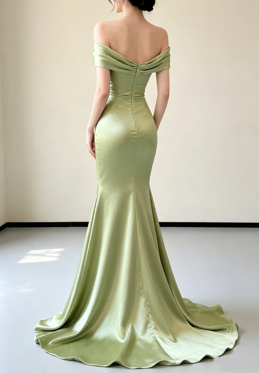 Elegant Sage Green Satin Off-the-Shoulder Mermaid Prom Dress DP8793