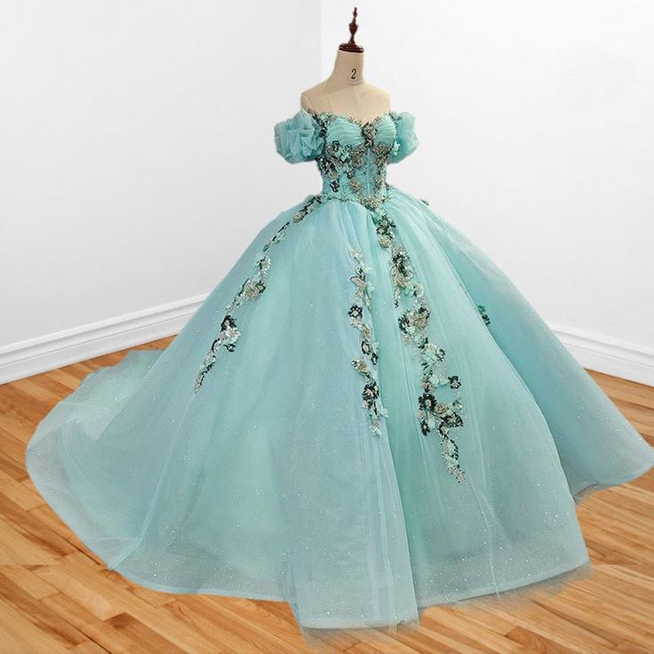 Glamorous Light Turquoise Off-Shoulder Beaded Applique Tulle Quinceañera Ball Gown DP7138