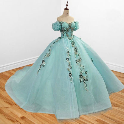 Glamorous Light Turquoise Off-Shoulder Beaded Applique Tulle Quinceañera Ball Gown DP7138