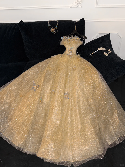 Gorgeous Shiny Yellow Sequin Beaded 3D Butterflies A-Line Floor-length Evening Dress Prom Dresses DP6200