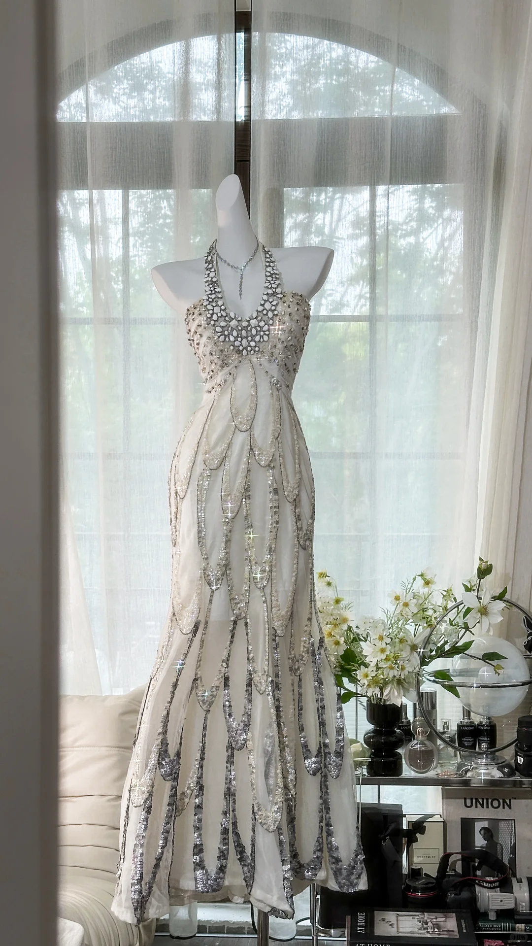 Vintage White Beaded Sparkling Long Chiffon Spaghetti Strap Romantic B – DSProm
