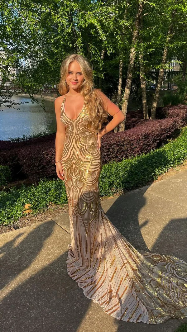 Gorgeous Gold V Neck Sequin Mermaid Long Prom Dress,DP1447