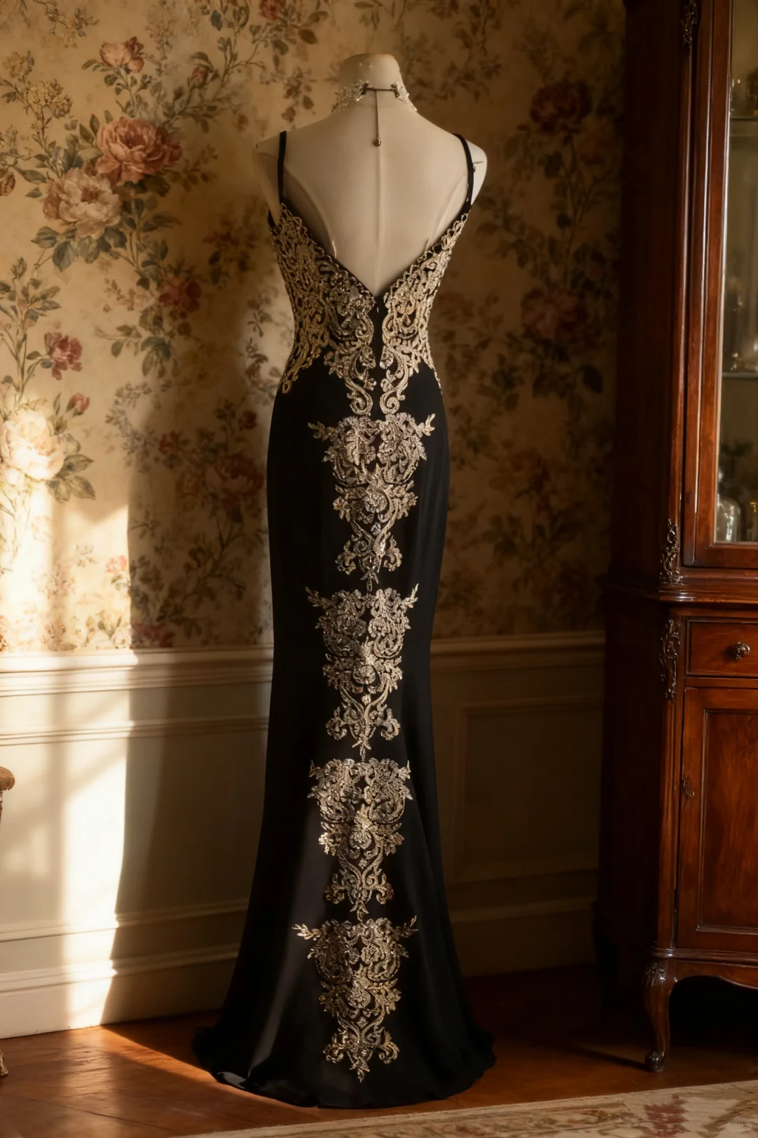 Glamorous Black & Champagne Lace Applique Spaghetti Strap High Slit Mermaid Prom Dress DP7646