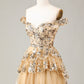 Vintage Golden Off-the-shoulder Design Short Evening Dress, A-line Sequins Corset Tiered Lace Homecoming Dress, DP5823