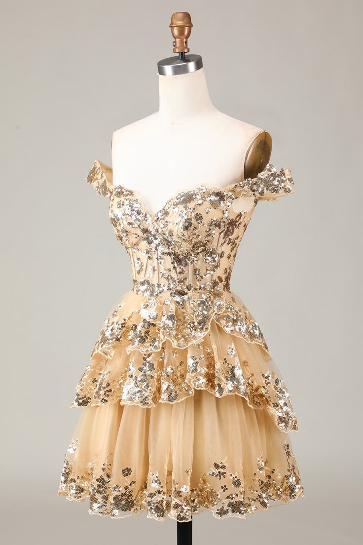 Vintage Golden Off-the-shoulder Design Short Evening Dress, A-line Sequins Corset Tiered Lace Homecoming Dress, DP5823