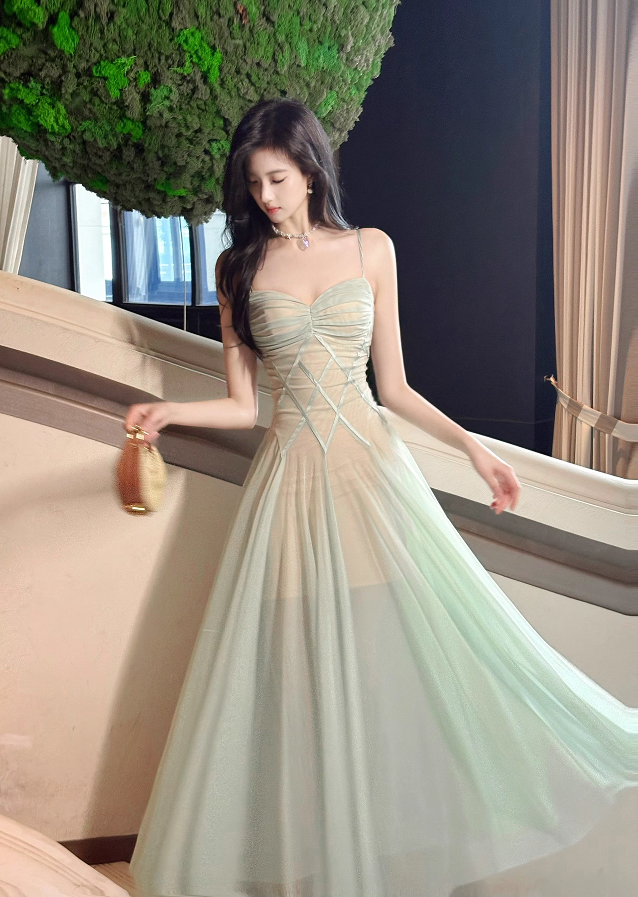 Robe de bal vintage en mousseline de soie vert sauge, coupe trapèze, bretelles spaghetti, robe de soirée longue, robe formelle DP6699