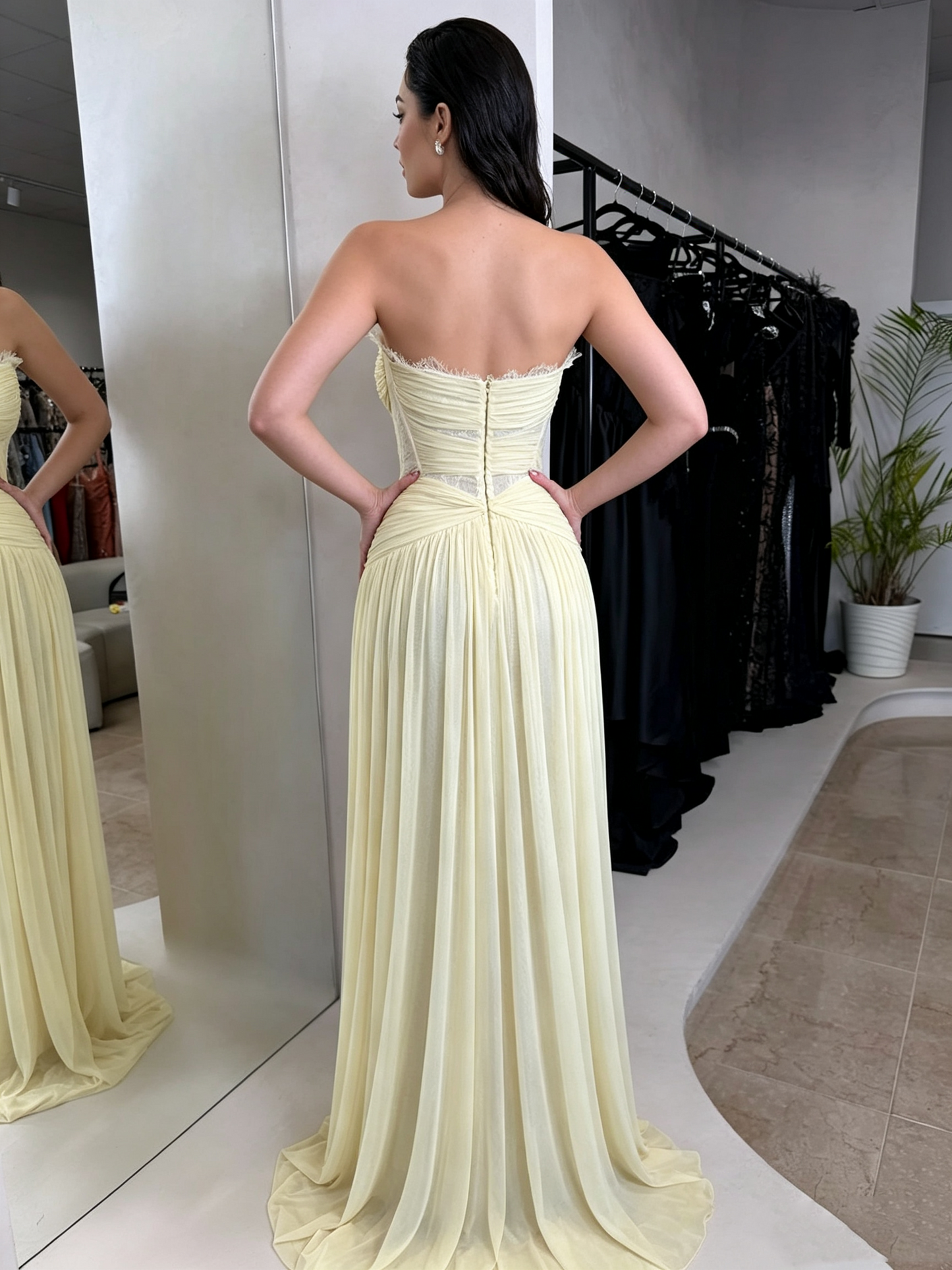 Elegant Strapless Lace Ruched Chiffon A-Line Evening Gown DP8714