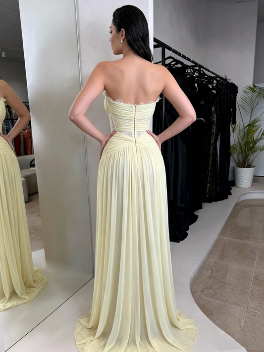 Elegant Strapless Lace Ruched Chiffon A-Line Evening Gown DP8714
