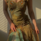 Dusty Green Straps Beading Mesh Sheath Vintage Long Prom Dress, DP3273