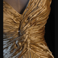 Glamorous Gold Satin Spaghetti Strap Ruched Bodice V-Neck Formal Evening Gown DP7370