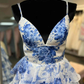 Blue Floral Printed Straps A-Line Layers Long Formal Party Dress, DP3770