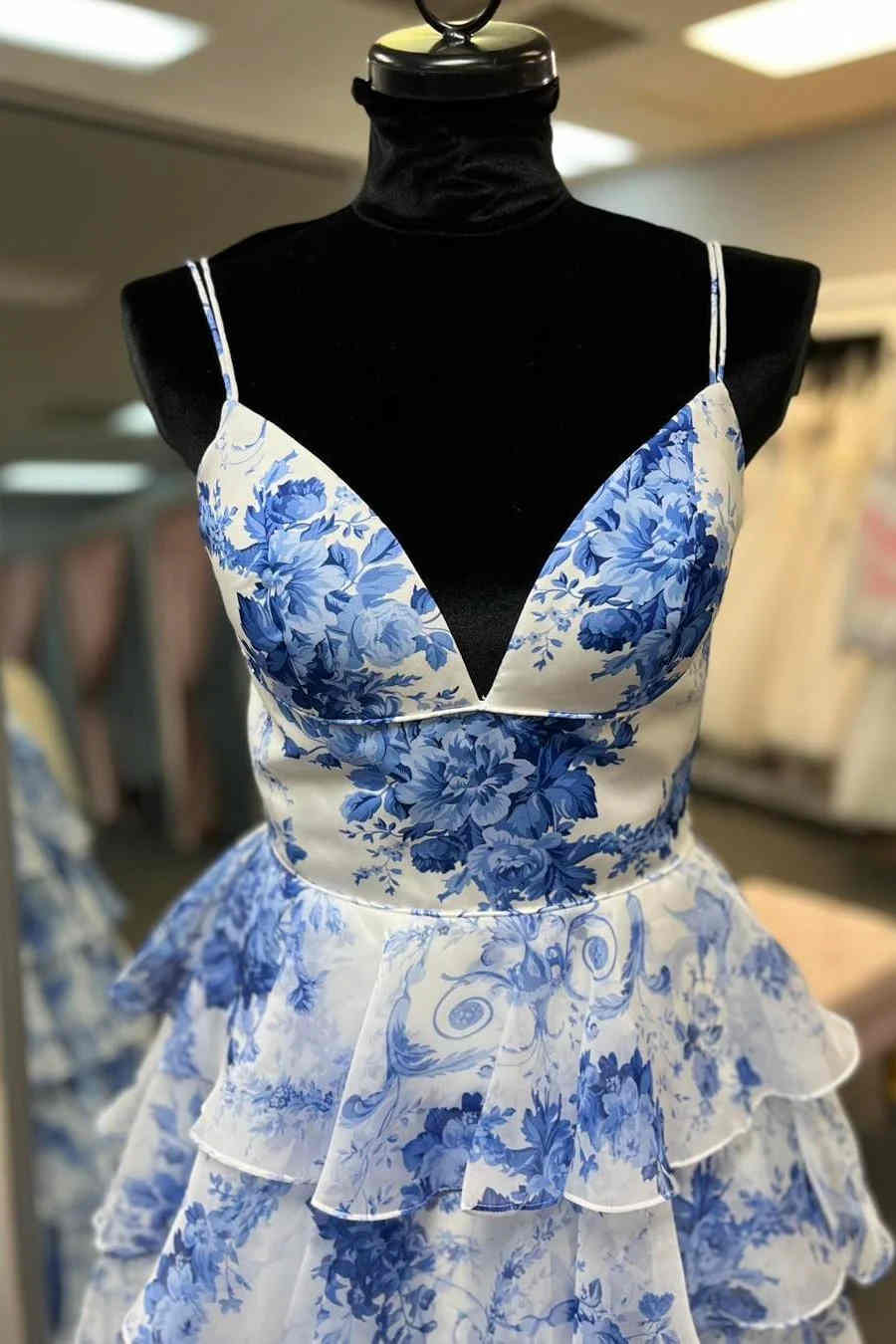 Blue Floral Printed Straps A-Line Layers Long Formal Party Dress, DP3770