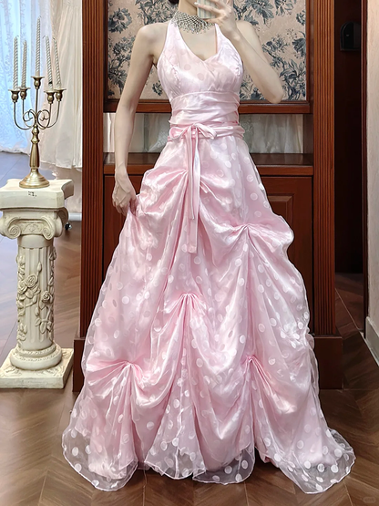 Robe de bal rose à pois, col halter et ceinture, pour Sweet 16 ou Quinceañera DP7945