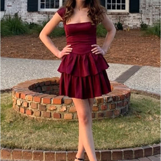 Cute Burgundy Square Neck Cap Sleeve Tiered  A-Line Homecoming Dress DP8512