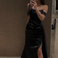 Black Off Shoulder Mermaid Simple Satin Long Prom Dress with Slit, DP2948