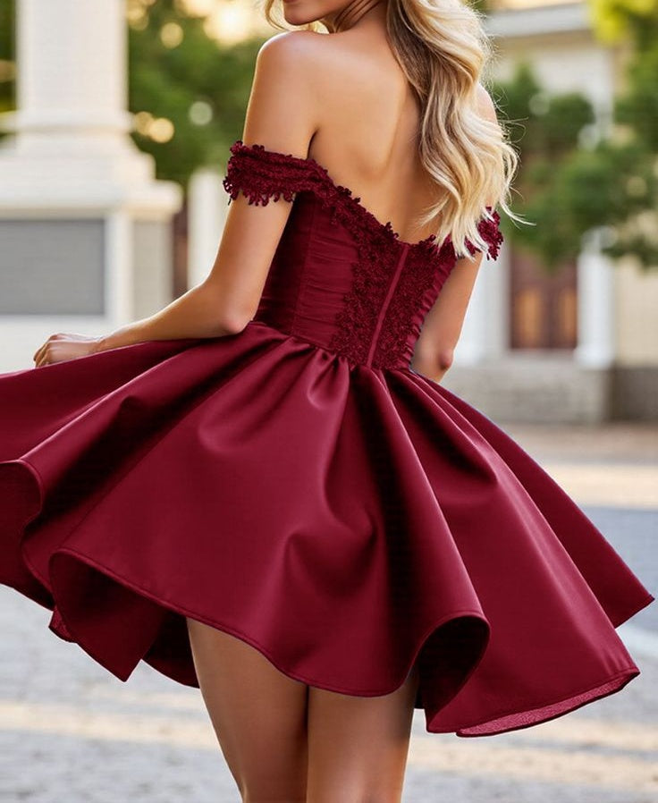 Elegant Off-the-Shoulder Lace A-Line Satin Homecoming Dress DP8506
