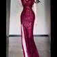 Elegant Fuchsia Sequin Sheath V-Neck High Slit Spaghetti Strap Evening Gown DP7244