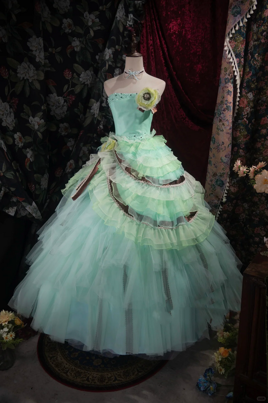 Glamorous Mint Green Strapless Tiered Ruffle Tulle Ball Gown DP8341