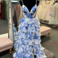 Blue Floral Printed Straps A-Line Layers Long Formal Party Dress, DP3770