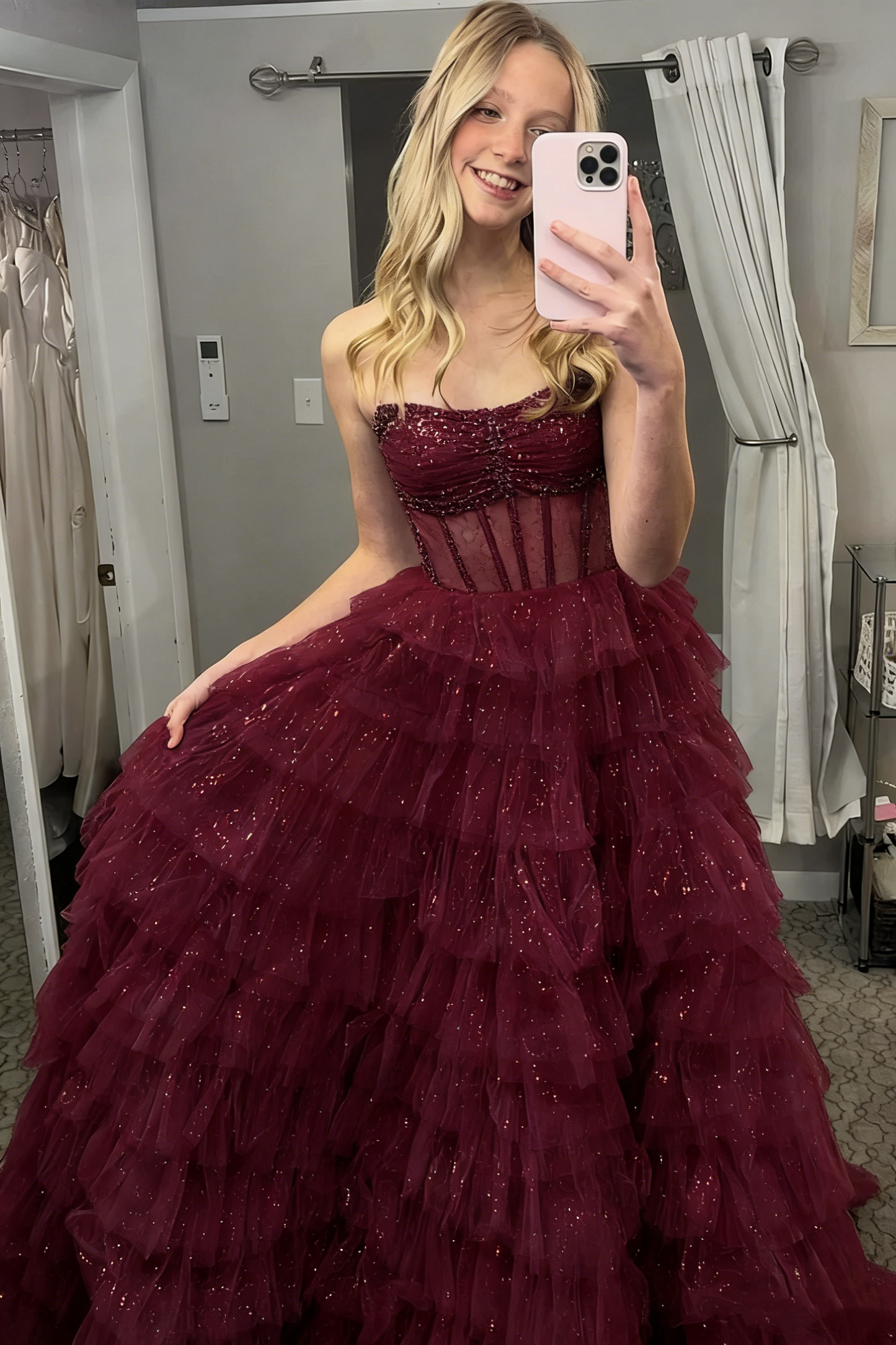 Cute Sequin Tiered Tulle Strapless Corset Prom Dress Evening Dress Ball Gown DP1392