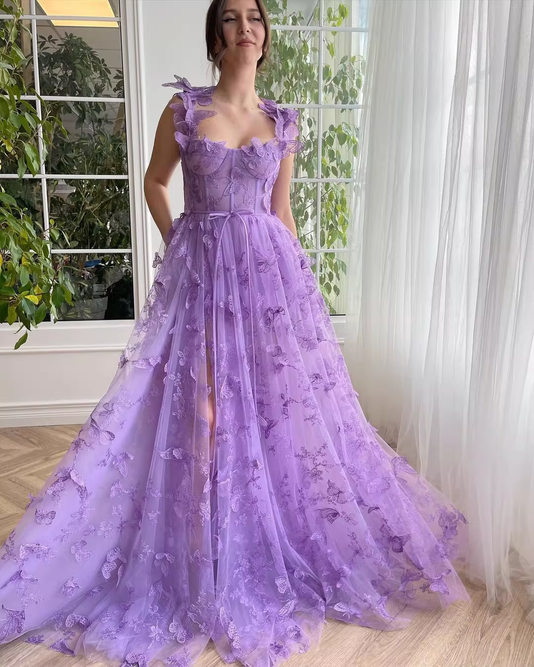 Elegant Sage Green 3D Floral Tulle Maxi High Slit Evening Dress DP8072