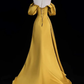 Elegant Golden Off‑the‑Shoulder Satin High Slit A-Line Prom Dress DP8779