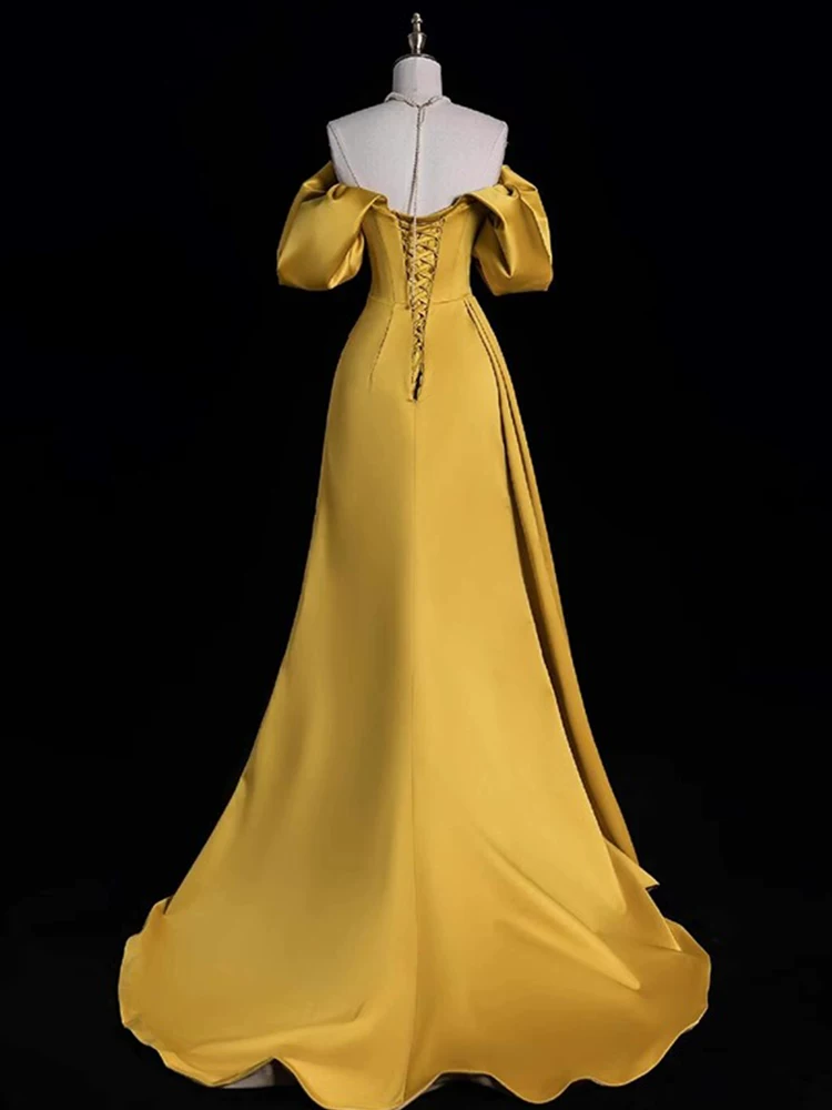 Elegant Golden Off‑the‑Shoulder Satin High Slit A-Line Prom Dress DP8779